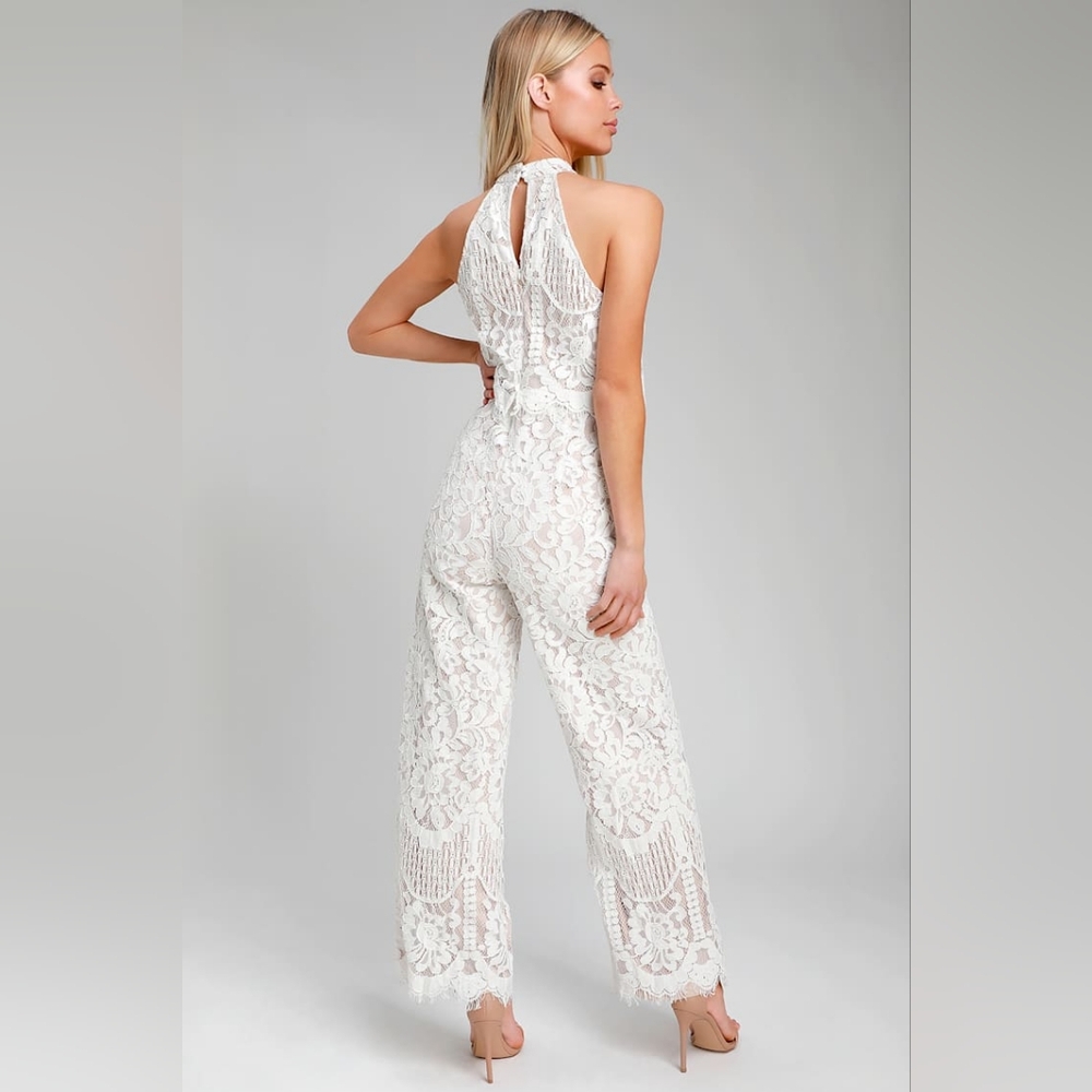 Lulu's Brittany White Lace Sleeveless Elegant Halter Jumpsuit Women's Size Small - Picture 2 of 13